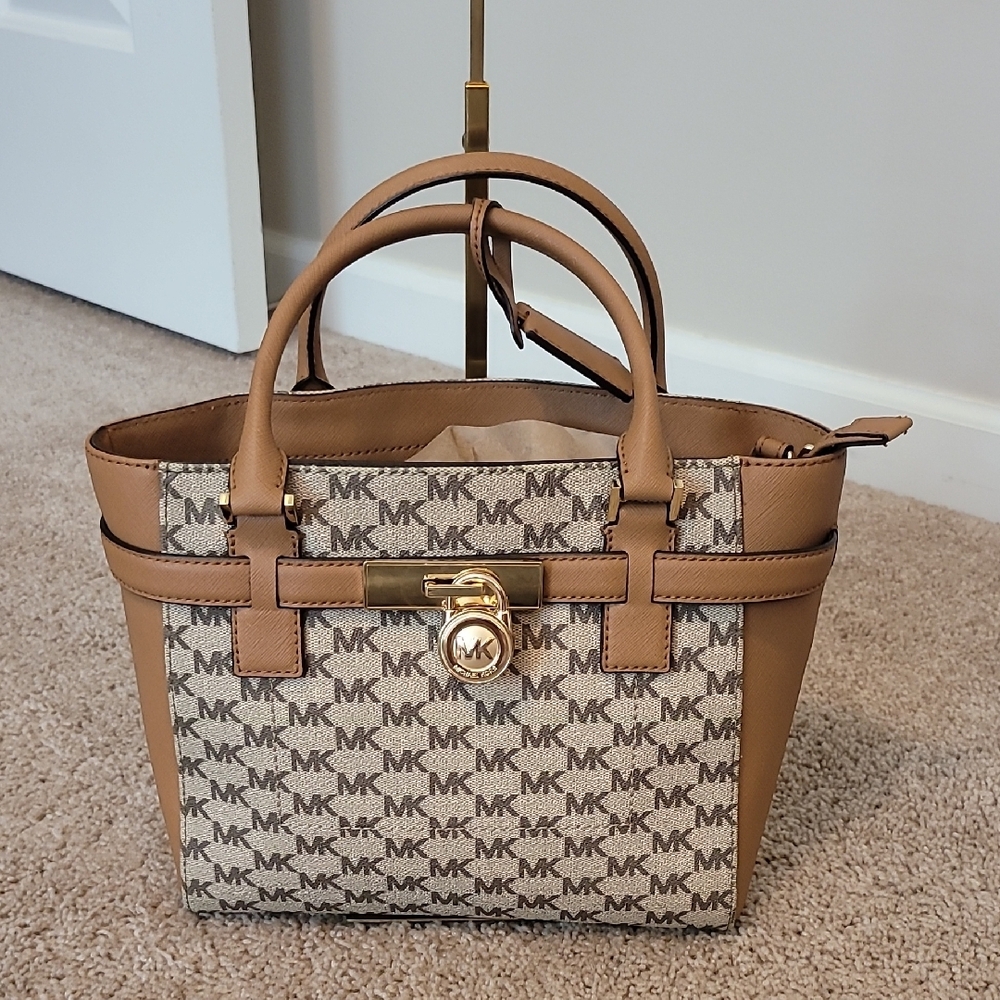 SOLD Michael Kors Hamilton Satchel/Bag/Purse Tan and Brown Satchel NWOT - Picture 1 of 15